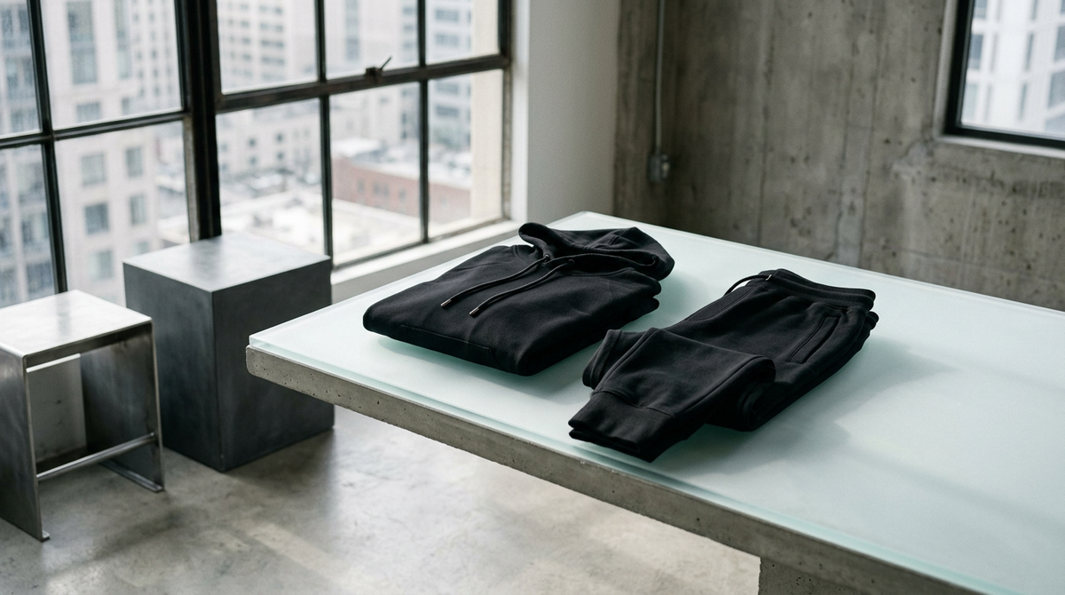 Black menswear essentials arranged on a concrete table