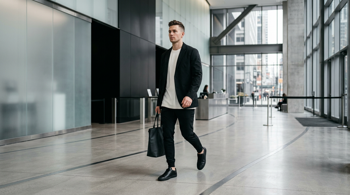 Monochrome menswear editorial in a modern city