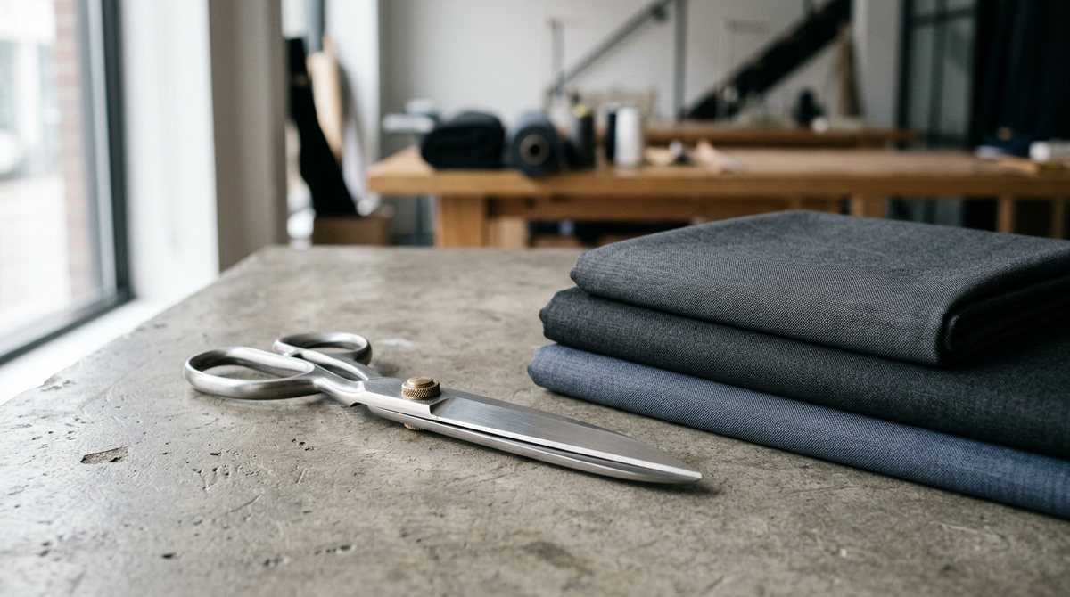 Tailoring scissors and folded charcoal fabric in a studio