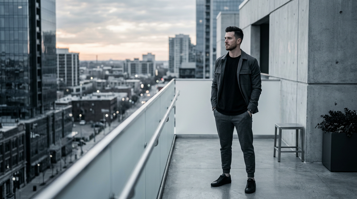 Man wearing monochrome menswear on a city rooftop